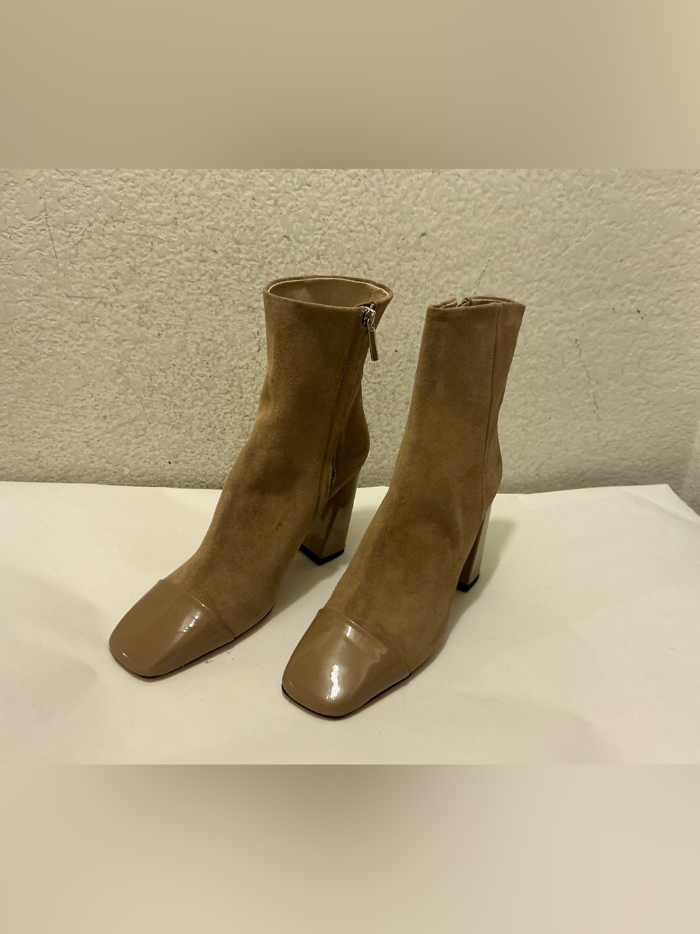 NWOB Custommade Suede and Patent Tan Square-Toe Block Heel Ankle Boots